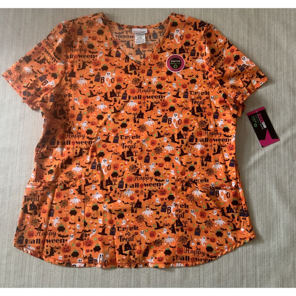 Scrub Star Happy Halloween Women V-neck Print Scrub Top Spook XLarge New